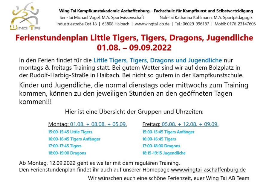 Wing Tai Kampfsport Aschaffenburg Sommerferien Kinder 2022